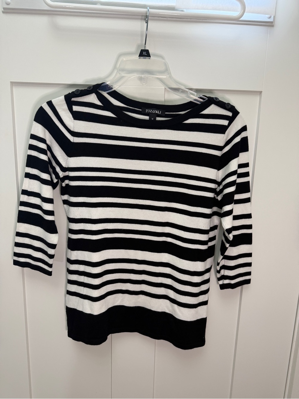 Roz & Ali Black and White Striped Boatneck Sweater with Shoulder Buttons